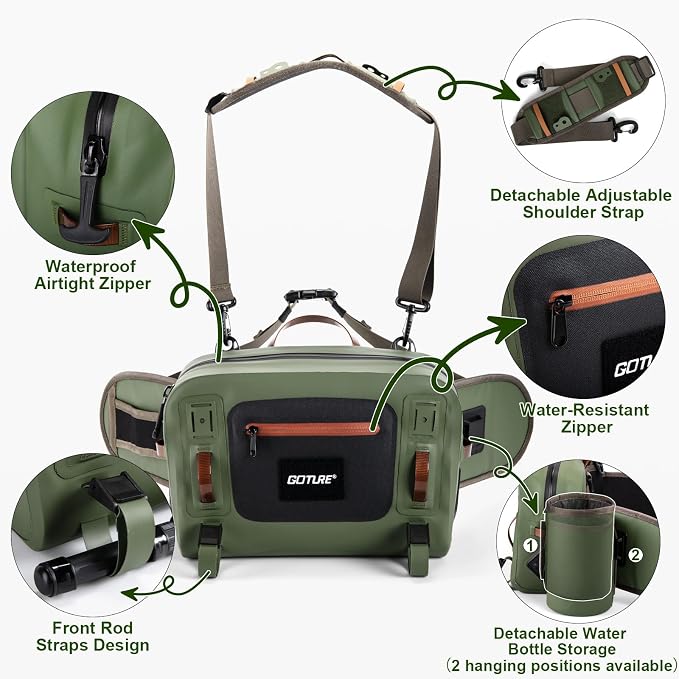 Goture Waterproof Fishing Waist Pack,IPX8 840D TPU Large Tackle Bag with Rod Holder,Airtight Zipper Closure,Detachable Water Bottle Holder, 10L Fly Fishing Bag with Adjustable Strap,Sling Fanny Pack