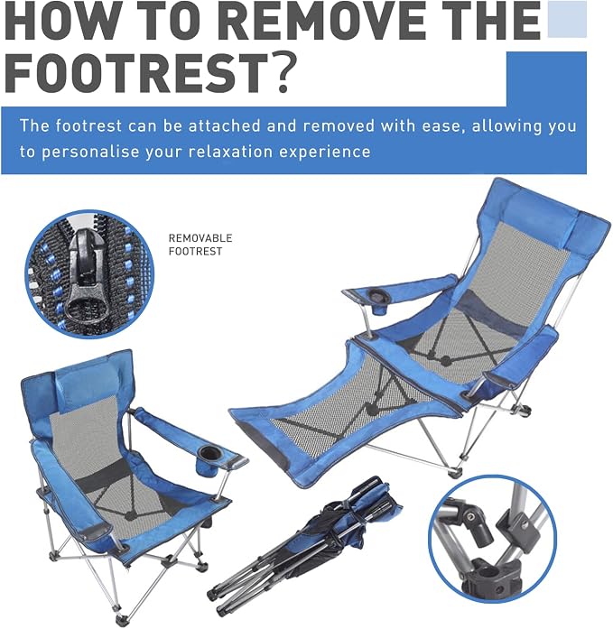 Zero Gravity Chair Reclining Folding Chair with Removable Footrest and Pillow & Cup Holder, Adjustable Outdoor Oxford Fabric Lounge Recliner for Camping, Beach, Garden, Patio, Blue Mesh
