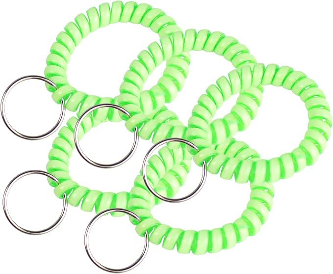 Lucky Line 2” Diameter Spiral Wrist Coil with Steel Key Ring, Flexible Wrist Band Key Chain Bracelet, Stretches to 12”, Glow-in-the-Dark, 5 Pack (4101605)