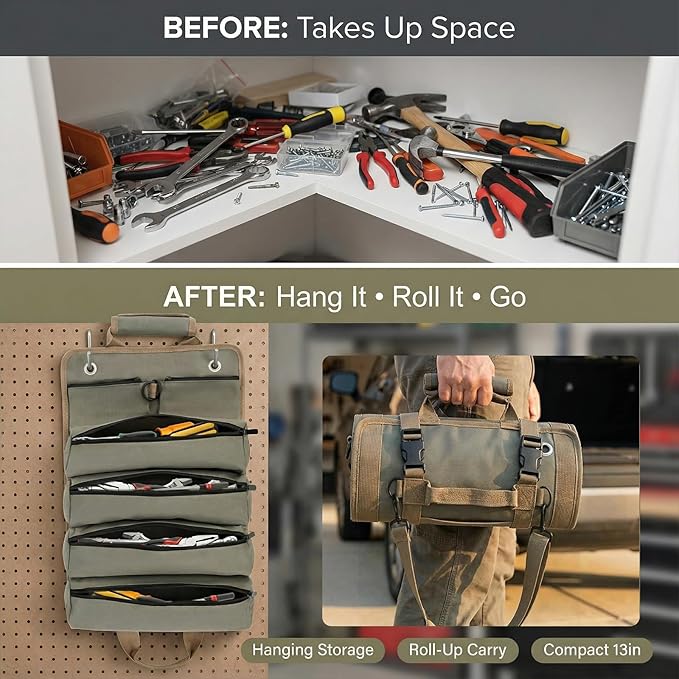 Tool Bag for Hand Tools: 6 Zipper Pockets Keep Tools Sorted - Hang-Open Access on Hooks/Pegboard - Heavy-Duty Garage Organizer for Homeowner DIY Repairs