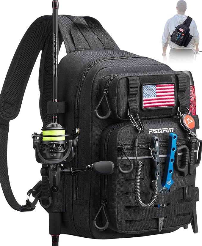 Piscifun Fishing Backpack Tackle Bag with 2 Rod Holders, Multi-Compartment Storage, MOLLE System, Water-Resistant Lightweight Outdoor Pack