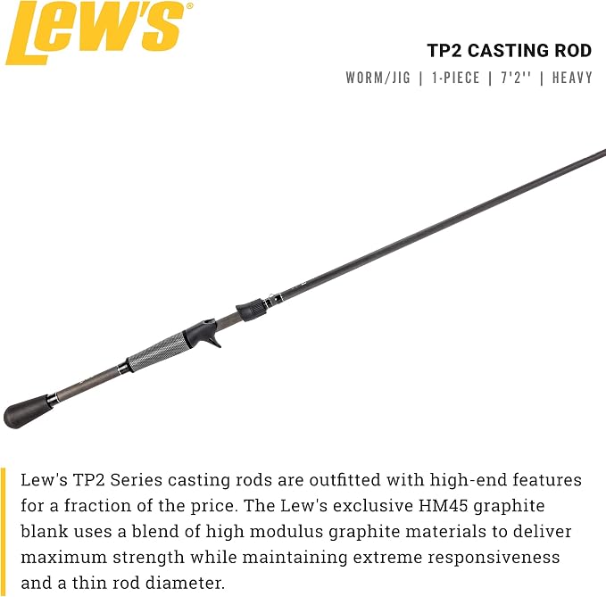 Lew's TP2 Casting Fishing Rod, Worm/jig Model, 7-Foot 2-Inch, 1-Piece HM45 Graphite Rod with Heavy Power and Fast Action, Winn Dri-Tac Split-Grip, SoftTouch Reel Seat, Black/Gray