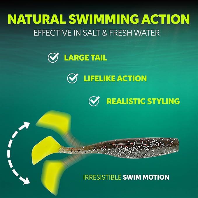 Soft Plastic Paddle Tail Swimbaits Pack of 12 – 3 1/4" & 4" Soft Plastic Fishing Lures with Extra-Large Tail for Lifelike Swimming Action – Freshwater & Saltwater