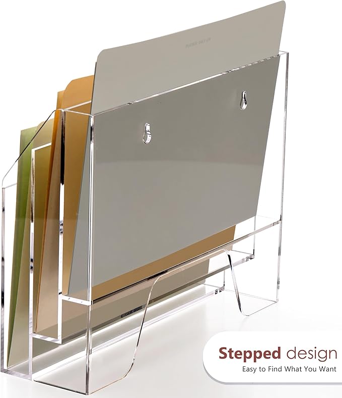 Wall Hanging File Folder Organizer for Desk, 3-Tier Acrylic Magazine Rack Wall Mount File Holder, Clear Paper Document Office Organizer - 1 Pack