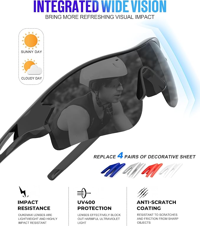 Polarized Sports Sunglasses for Men Women, UV400 One-Piece Lens Sport Shades for Baseball, Running, Cycling, Fishing