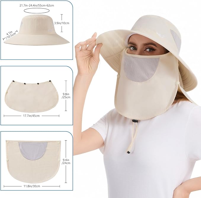 BASSDASH UPF 50+ Breathable Sun Hat with Removable Face Cover and Neck Flap Wide Brim Bucket Hat for Fishing Hiking Men Women