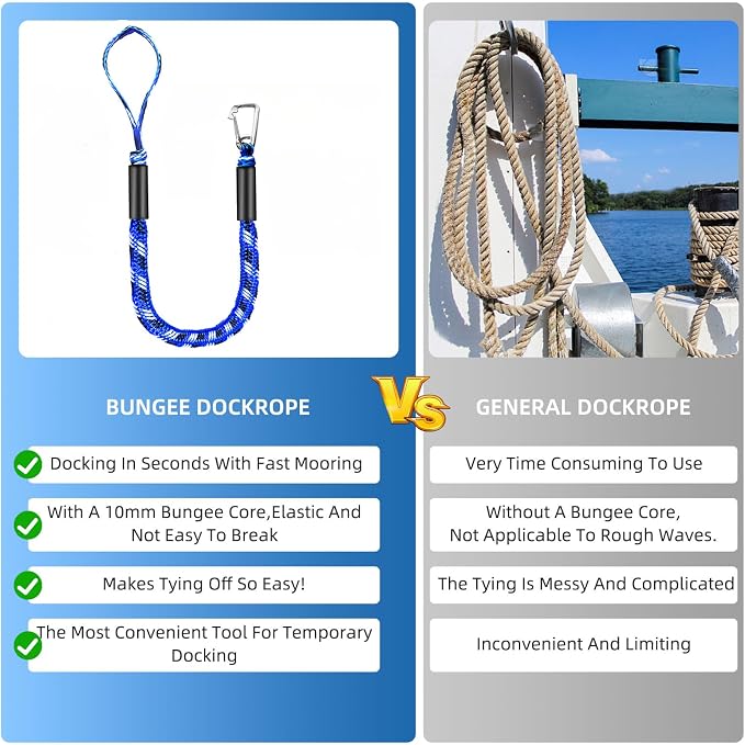 Bungee Dock Lines for Boats 4ft, Heavy Duty Mooring Ropes with Clips, Shock Absorbing Tie Downs for Jet Ski, PWC, Kayak, Pontoon, Watercraft 2 Pack
