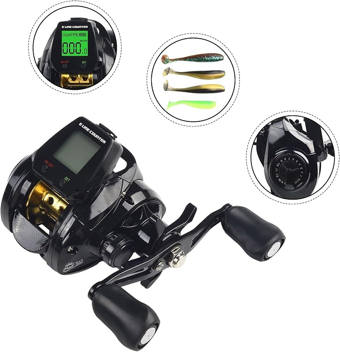 Digital Baitcasting Fishing Reel with Bite Alarm and Line Counter, 7.2:1 High Speed Gear Ratio, USB Rechargeable, 0-12 Adjustable Braking System