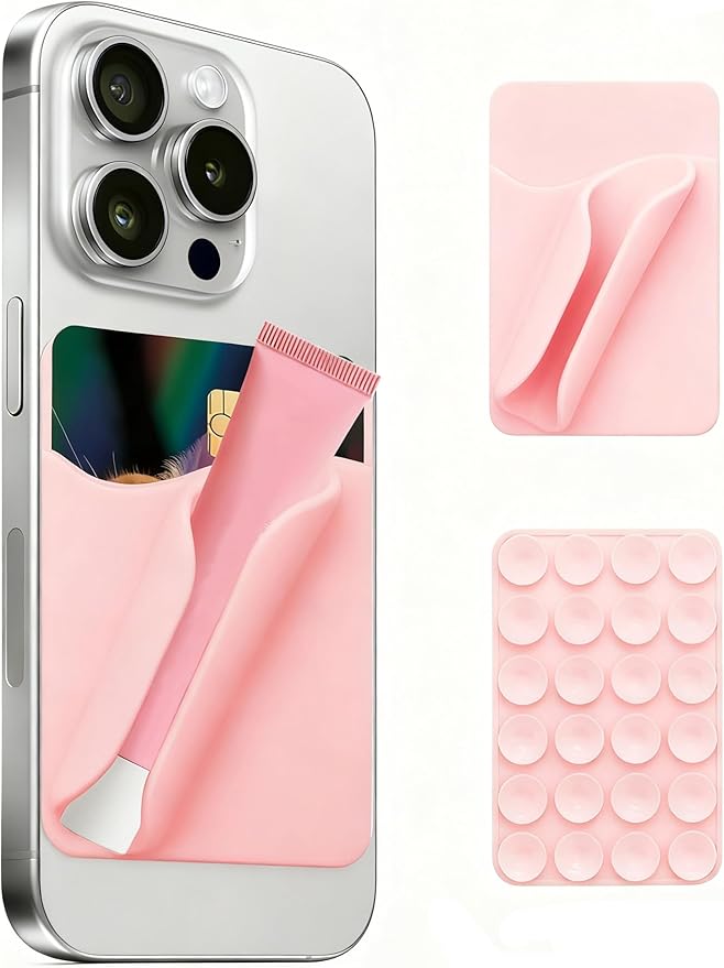 Silicone Sided Suction Cup Phone Case, Lip Gloss Holder, Featuring A Card Slot, A Self-Adhesive Lip Gloss Holder Detachable Mount, Compatible with Most Smartphones (Pink)