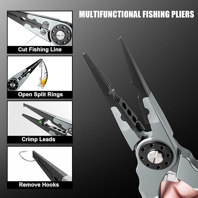 7.8" Lockable Saltwater Fishing Pliers, Aviation-grade Aluminum & Tungsten Cutters | Corrosion-Proof, with Replaceable Blades Set, Fishing Gear Gifts for Men, Adults, Kids