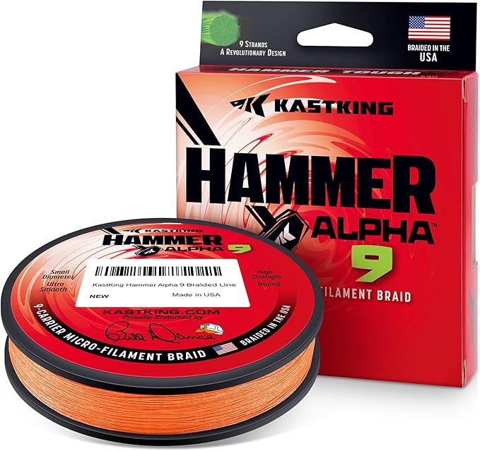 KastKing Hammer Alpha 9 UHMWPE Braided Fishing Line - Made in the USA, Strong and Smooth, Round, 9-Carrier, Colorfast Braided Fishing Line, Perfect for Most Fishing Reel and Finesse Applications