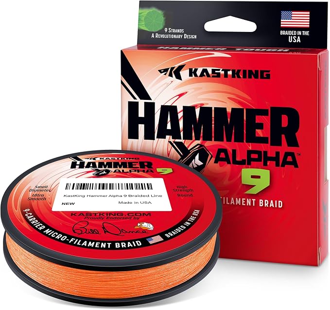 KastKing Hammer Alpha 9 UHMWPE Braided Fishing Line - Made in the USA, Strong and Smooth, Round, 9-Carrier, Colorfast Braided Fishing Line, Perfect for Most Fishing Reel and Finesse Applications