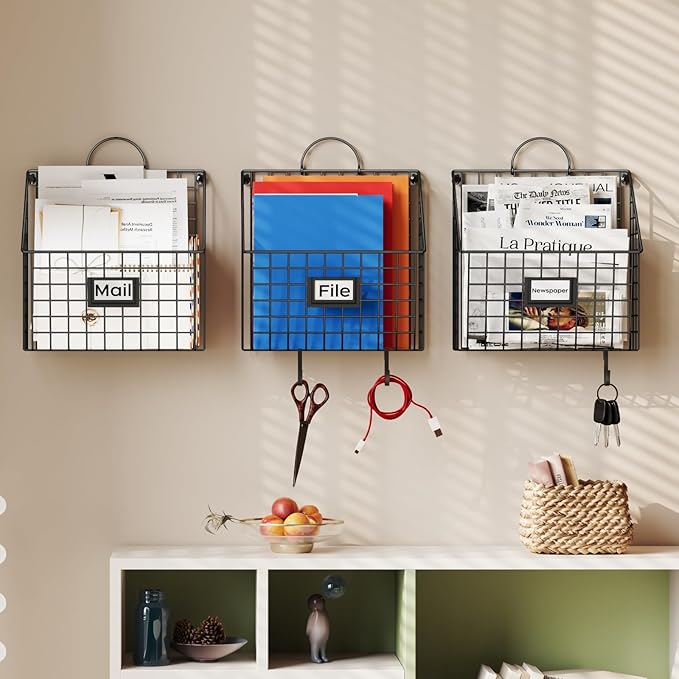 Hanging Wall File Organizer Metal Wall Mounted File Holder Folder with Handles and Hooks, Magazine Document Rack, for Home Office or Decor, 3 Packs (Patent Pending)