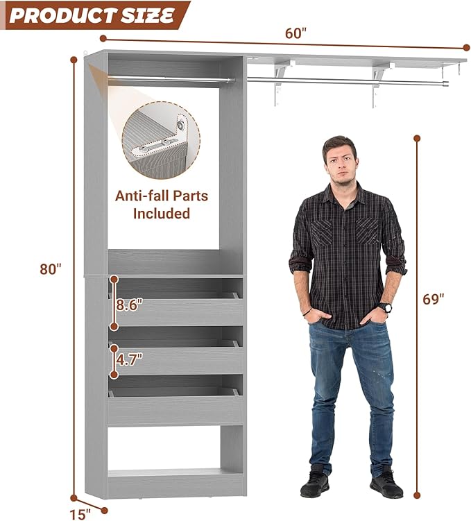 60" Wide x 80" Tall Closet System with 3 Half-Open Wooden Drawers, 5FT Closet Organizer System with 2 Hanging Rods & Removable Tower, Freestanding Wardrobe Organizer for Walk-in Bedroom, Grey