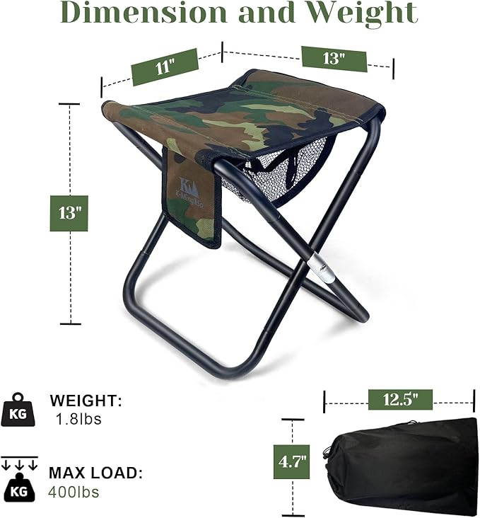 Upgraded 13 Inch Portable Folding Camping Stool with Side Pocket Mesh Pocket and Molle System, Lightweight Foldable Stool for Adults Gardening Travel BBQ Fishing with Carry Bag[Camo]