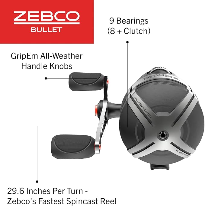 Zebco Bullet Spincast Fishing Reel, Durable All-Metal Construction, Solid-Brass Pinion Gear, Pre-Spooled with 10-Pound Zebco Fishing Line, Black