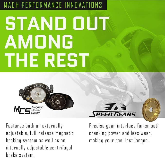 Lew's MACH 2 Baitcast Fishing Reel, 7.5:1 Gear Ratio, Graphite Frame, Premium 10 Bearing System, Black/Green