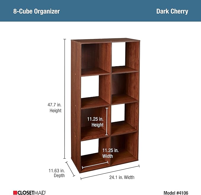 ClosetMaid Cubeicals 8 Cube Storage Shelf Organizer Bookshelf, Stackable, Vertical or Horizontal, Easy Assembly, Wood, Dark Cherry Finish