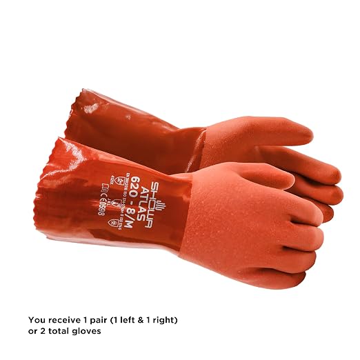 SHOWA Atlas 620 Double-Dipped PVC Chemical Resistant Gloves, Rough Finish Grip, Seamless Cotton Liner, 12" Length, Blue, Large, 1 Pair