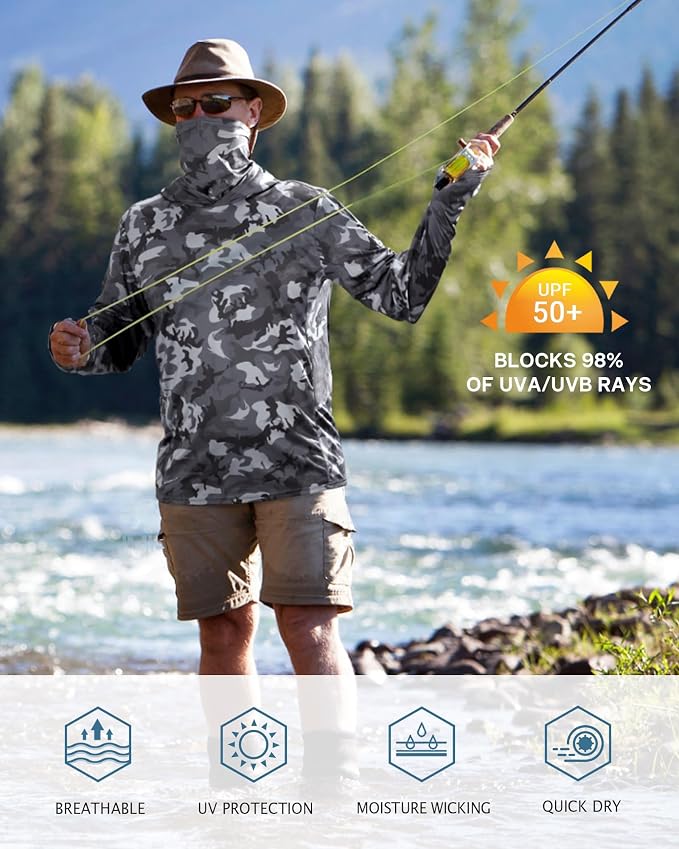 FISHEAL Men's Performance Fishing Hoodie Shirt - UPF 50+ Sun Protection Long Sleeve Thumbholes Shirts with Neck Gaiter