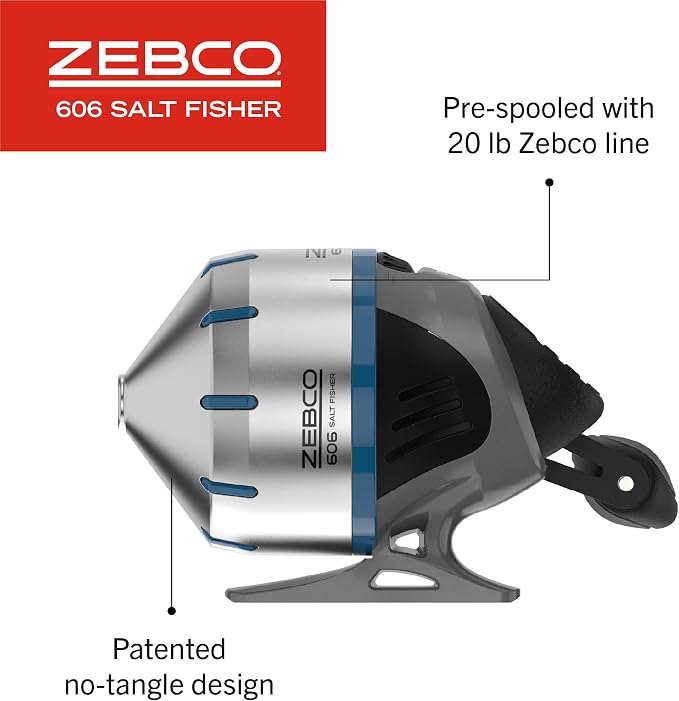 Zebco 606 Salt Fisher Spincast Reel and Fishing Rod Combo, 7-Foot 2-Piece Telescopic Rod, Size 60 Reel, 19-Piece Eagle Claw Tackle Kit