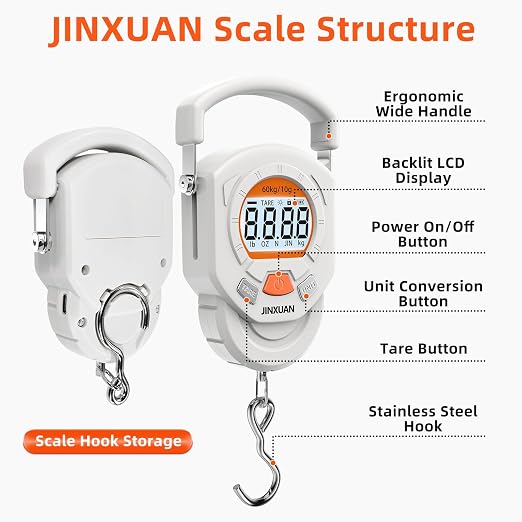 Fishing Scale Luggage Scale 132lb/60kg Digital Fish Scale, Fish Weight Scale with Backlit LCD Display, Luggage Weight Scale with 4 Units, 2 AAA Batteries, Hanging Scale for Fishermen Travelers