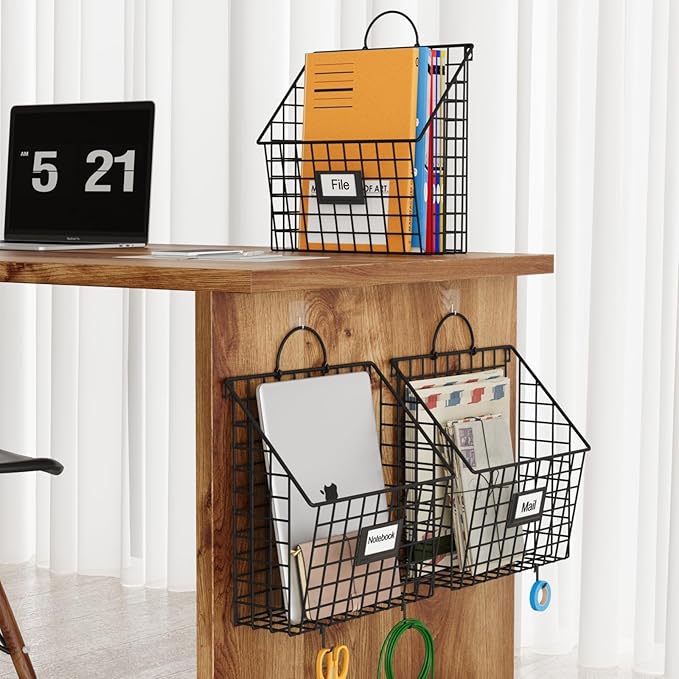Hanging Wall File Organizer Metal Wall Mounted File Holder Folder with Handles and Hooks, Magazine Document Rack, for Home Office or Decor, 3 Packs (Patent Pending)