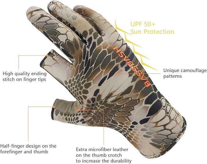 BASSDASH Unisex Fingerless Camo Hunting Gloves for Men's Women's Early Season Warm Weather UPF 50+ Lightweight Fishing Photography HG03