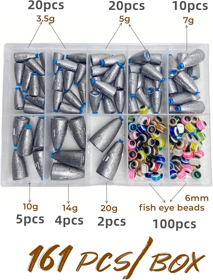 161Pcs/Box Worm Fishing Sinker Weights Kit with Soft Plastic Core（20g,14g,10g,7g,5g,3.5g Mixed, 61Pcs Bullet Lead Fishing Weights, 100 Pcs Eye Beads Bait, Don't Hurt Line Texas Rig