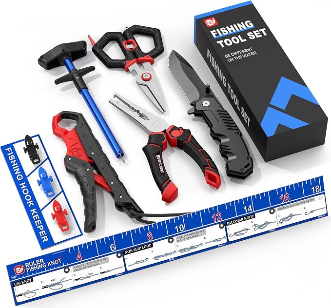 SNAIL TRAIL 7pc Fishing Tool Kit - 17" Pocket Fish Ruler & Knot Tying Guide, Split Ring Pliers, Braid Scissors & Bait Knife. Fish Lip Gripper, Hook Remover and Hook Keeper. Fisherman Gifts