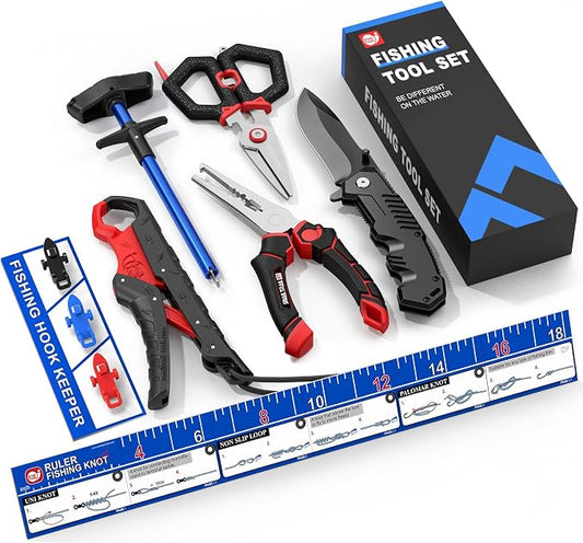 SNAIL TRAIL 7pc Fishing Tool Kit - 17" Pocket Fish Ruler & Knot Tying Guide, Split Ring Pliers, Braid Scissors & Bait Knife. Fish Lip Gripper, Hook Remover and Hook Keeper. Fisherman Gifts