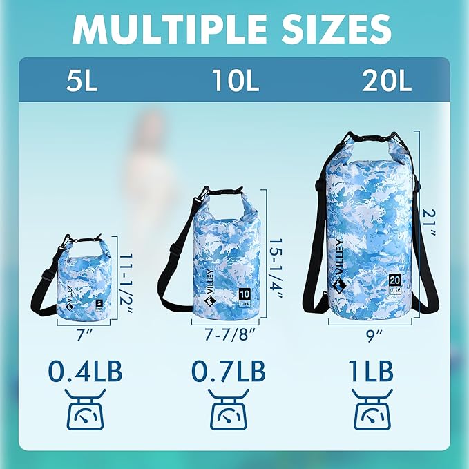 VILLEY Dry Bag Waterproof 20L Roll Top Storage Backpack, Keeps Gear Dry Lightweight Backpack for Kayaking Boating Camping Swimming and Beach Accessories Blue Camo