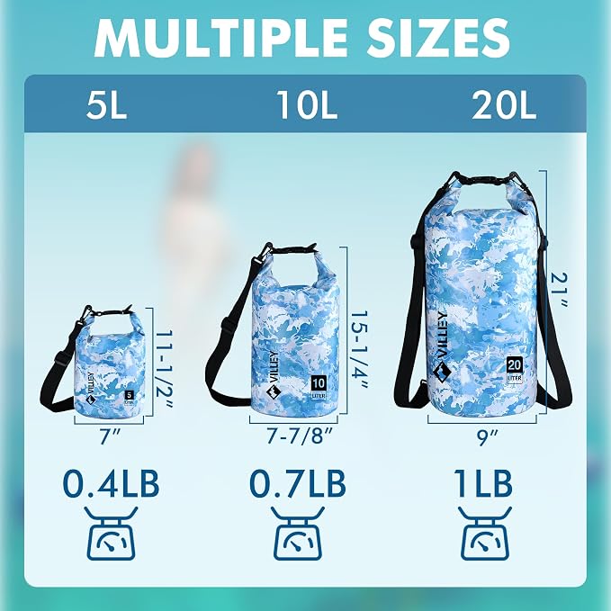 VILLEY Dry Bag Waterproof 10L Roll Top Storage Backpack, Keeps Gear Dry Lightweight Backpack for Kayaking Boating Camping Swimming and Beach Accessories Blue Camo