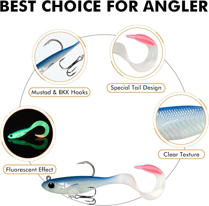 TRUSCEND Duramax Pre-Rigged Fishing Lures with BKK Jig Hooks, 10X Tear-Resistant TPE Soft Swimbaits for Bass Striper Trout Crappie Walleye Grouper, Lifelike Fishing Baits for Saltwater and Freshwater