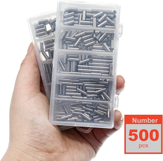 250pcs/500pcs Single Copper Barrel Crimp Sleeves Kit, 5 Sizes Single Tube for Fishing Leader Wire Rope