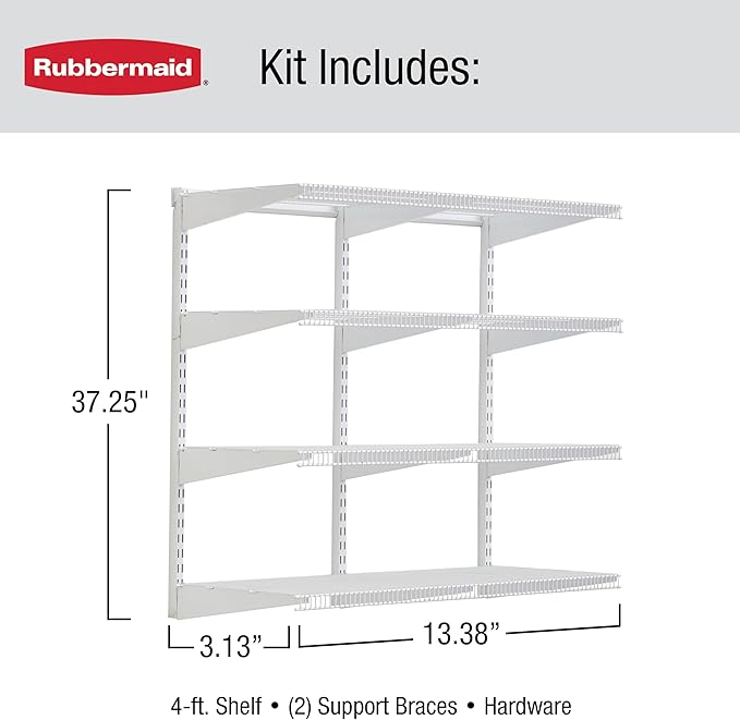 Rubbermaid 36" Pantry Organization Shelf System Direct Wall Mount 4 Shelves and Mounting Hardware Kit Included White Wire Shelving System for Home/Pantry/Closet