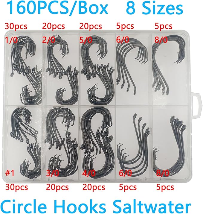 Afmivs Fishing Hooks Saltwater, 160PCS Circle Hooks Saltwater, Fish Hooks for Fishing Gear Tackle, Catfish Octopus Hook #1 1/0 2/0 3/0 4/0 5/0 6/0 8/0 Black High Carbon Steel with Portable Plastic Box