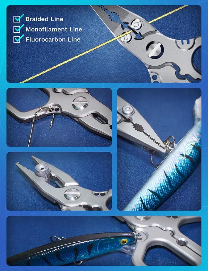 HOOK-EZE Multi-Function Fishing Pliers, Saltwater Resistant Fishing Scissors, Tungsten Cutters, Knot Tying Tool with Lanyard, Split Ring Hook Remover, Gifts for Men