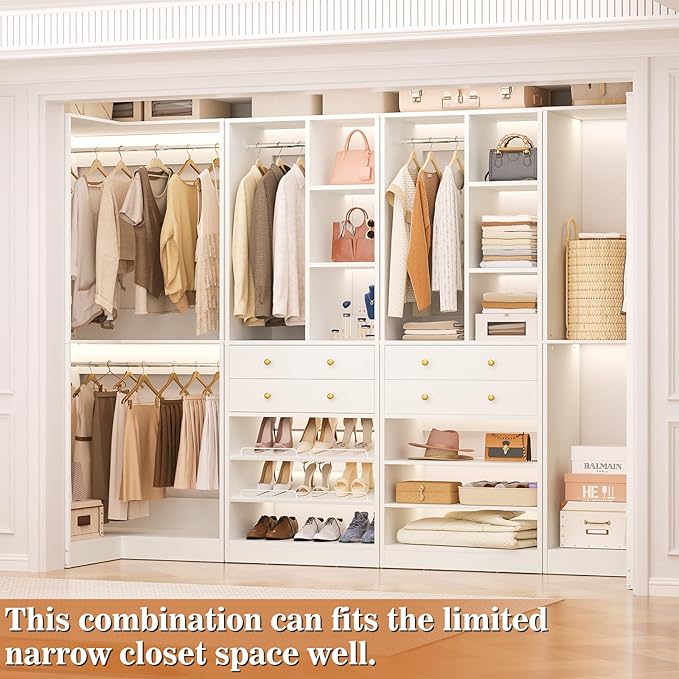 Closet System with 2 Drawers, 3 Hanging Rods, 59.5" * 31.5" Closet Organizer System with Corner Tower, Reversible L Shaped Walk-in Closet System, Corner Closet System Set of 2, White