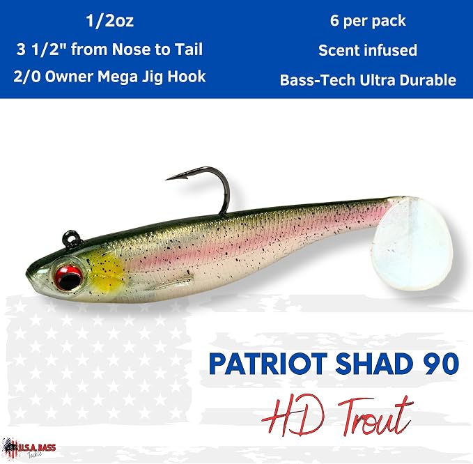 USA Bass Tackle Patriot Shad - Scent Infused Paddle Tail Swimbaits Pre Rigged Fishing Lures Premium Bait Strong Owner Hook, Fishing Gear for Bass Freshwater Predator Fish