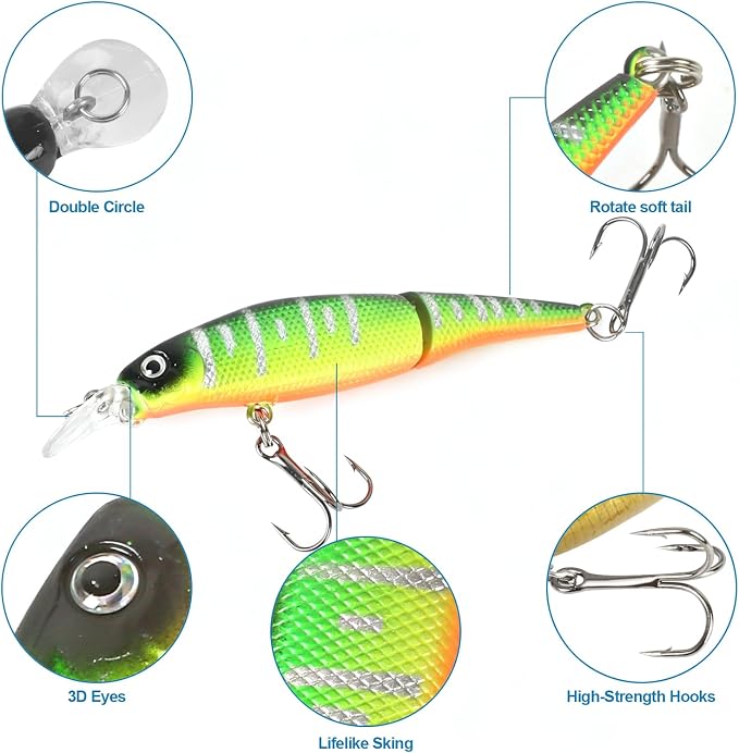 Whopper Fishing Lure for Bass：Popper Top Water Fishing Lures with Floating Rotating Tail Barb Treble Hooks Saltwater Freshwater Plopping Lures Kit