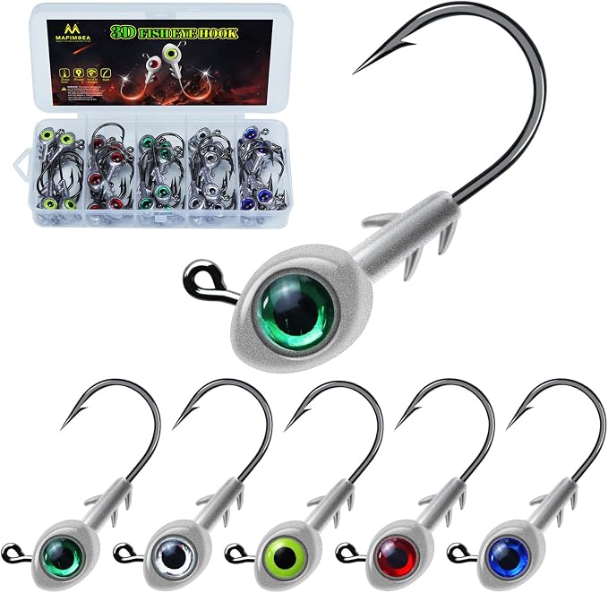 3D Fish Eye Jig Heads, 5 Colors with Lifelike Eyes, Multi Weights, Barbed Fishing Hooks for Walleye Bass Crappie