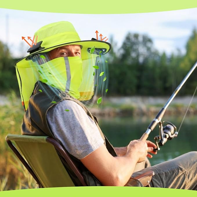 Solar Hat with Fans, Wide Brim Cooling Sun Hat with Removable Dual Fans USB Charging Neck Cover for Outdoor Fishing