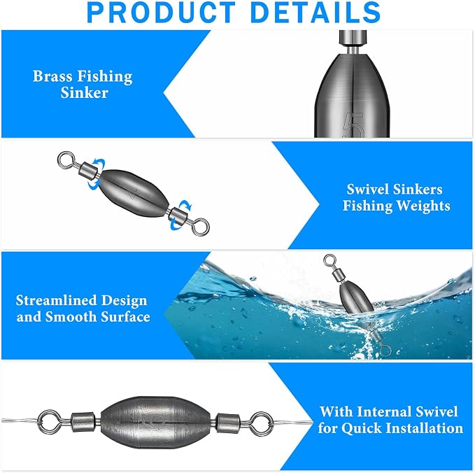 Seenelling 48 Pcs Trolling Sinkers with Swivels Brass Fishing Sinker Different Sizes Egg Sinkers Fishing Weights Saltwater Bullet Sinker with Swivel Rolling Removable Freshwater