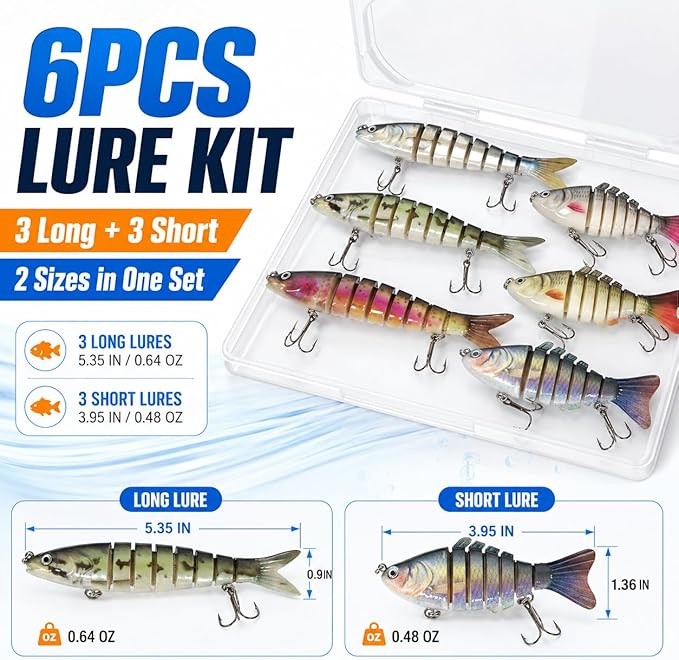 SANWEAL 6PCS Multi Jointed Fishing Lures Kit, 2 Size Slow Sinking Swimbait Hard Baits with 3D Eyes and Treble Hooks, Segmented Baitfish Artificial Fishing Bait for Bass Trout Freshwater Saltwater