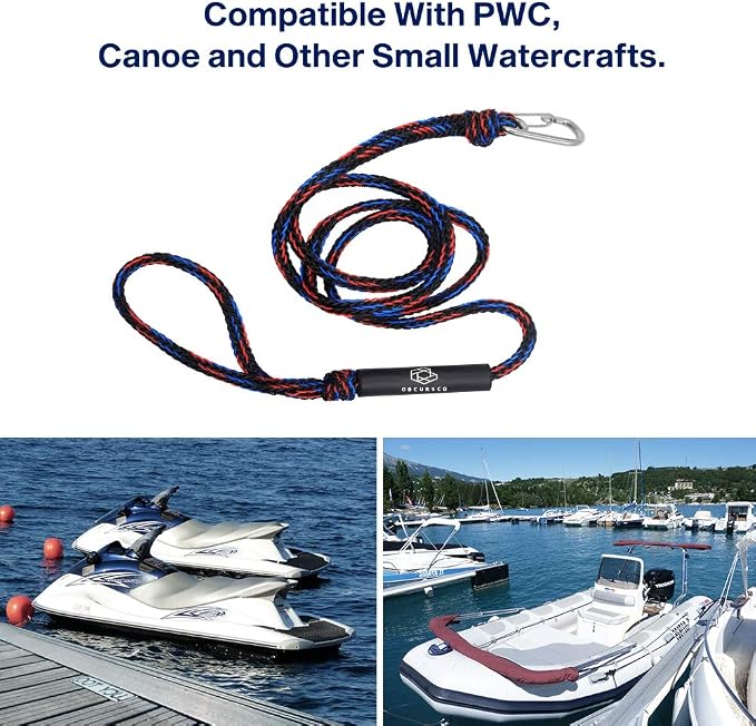 Obcursco Heavy Duty Boat Dock Lines (7ft & 14ft) - 1/2" Marine Mooring Rope with 316 Stainless Steel Clip - Accessories for PWC, Pontoon, Center Console, Jet Ski (Black/Red/Blue, 2 Pack)