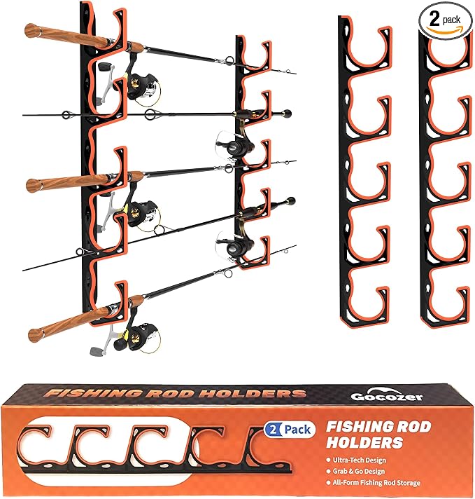 Gocozer Fishing Rod Holder for Garage, H5 Wall or Ceiling Mounted Fishing Pole Holders with Soft Protective Pad, Fishing Rod Storage Organizer, Horizontal Fishing Rod Wall Mount Nets Storage (2 PACK)