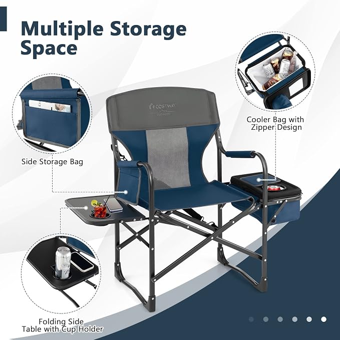 COSTWAY Folding Camping Chair, Heavy-Duty Director Chair Supports 400lbs for Adults with Side Table, Cooler Bag, Storage, Strap, Portable Makeup Chair Suitable for Fishing Picnic