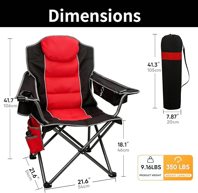 Colorsoul Oversized Camping Chair, Padded Portable Camping Chairs with Cup Holder, Cooler Bag and Shoulder Straps, Heavy Duty Outdoor Folding Chair for Camping, Beach, Fishing, Support 350 LBS, Red