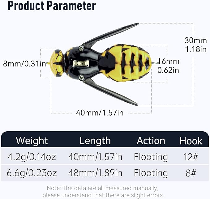 Kingdom Wasp Craw Bait Insect Bionic Floating Fishing Lures Swimbaits Hard Artificial Baits Lure for Freshwater and Saltwater Bass Carp Pike Walleye Fishing ABS Material Carbon Steel Three Book Hook